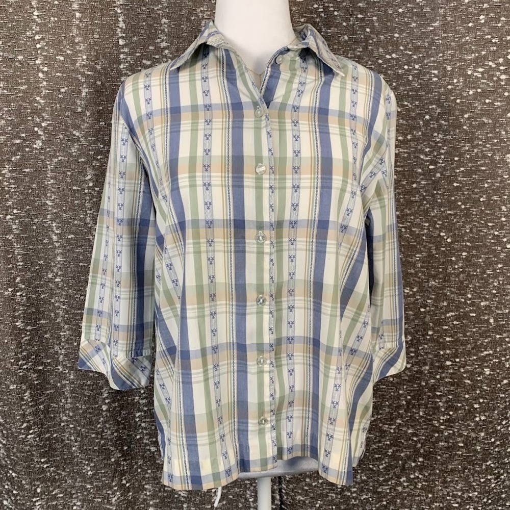Vintage Alia Blue/Green Plaid‎ Button Up Collared Shirt Women's 12